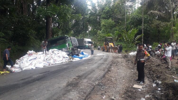 Truk pengangkut pupuk yang terberam di ruas Jalan Siantar-Parapat. (N70/tsp)